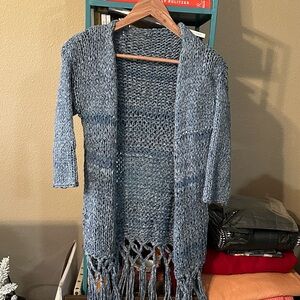 Blue Hand Knit Cotton fabric Women's textured Cardigan with Fringe